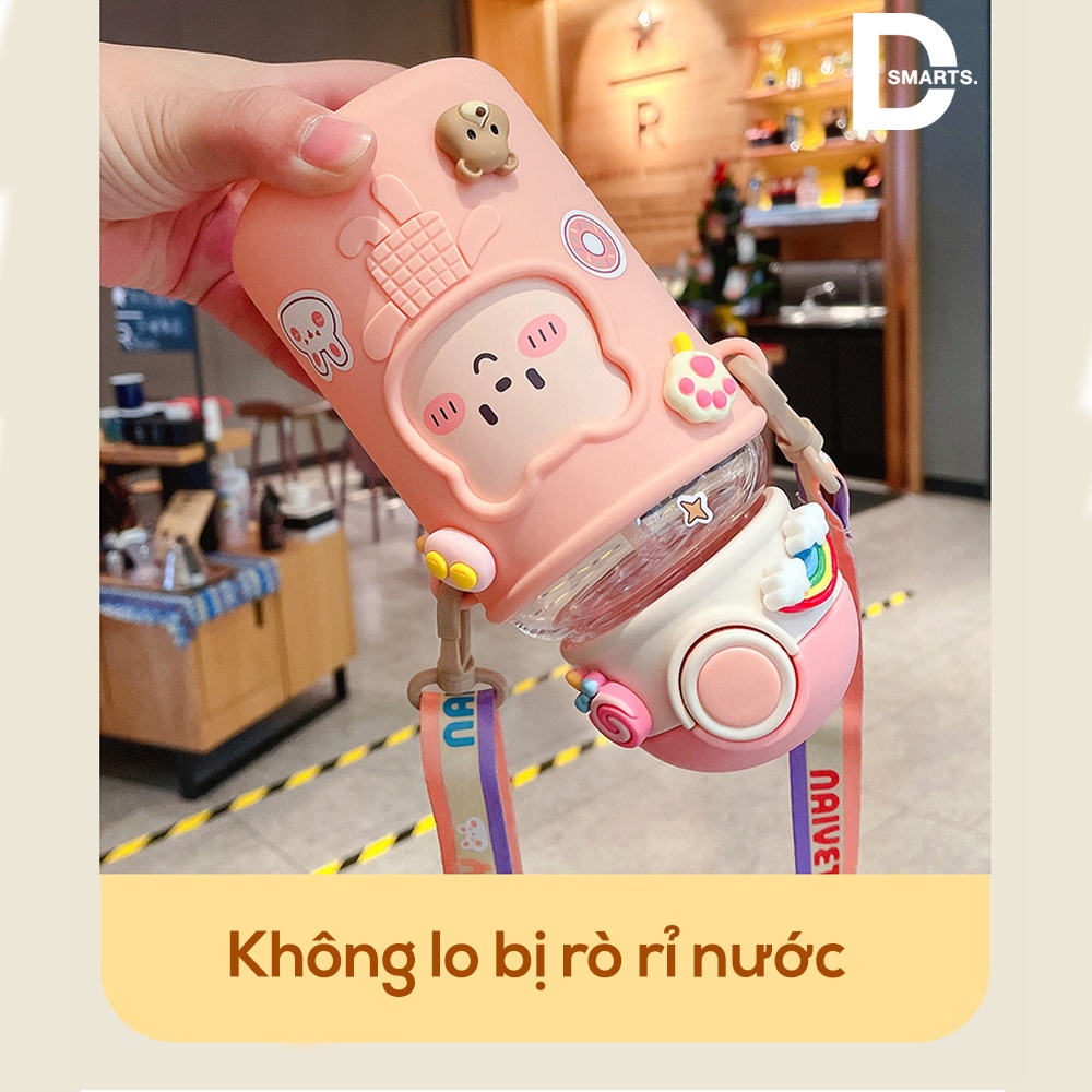 Bình nước cute, bình nước cho bé có quai đeo nắp bật ống hút mềm mại dung tích 620ml - Tặng kèm sticker cực cute