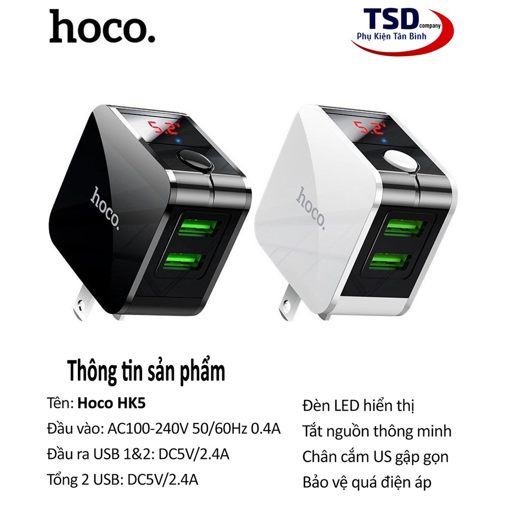 Củ Sạc Nhanh Hoco HK5 Dual USB Chính Hãng Tự Ngắt Khi Đầy Pin