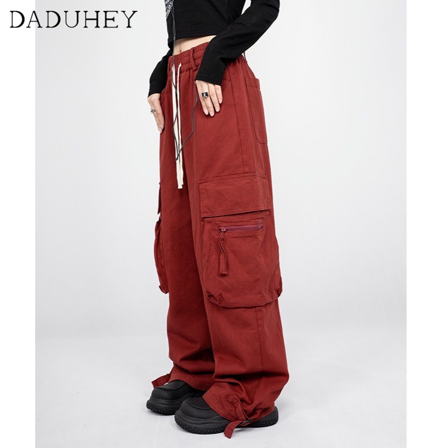 DaDuHey Men's and Women's 2022 Autumn Trend Multi-Pocket Cargo Pants Fashion Brand Red and Black Couple Loose Casual Pants