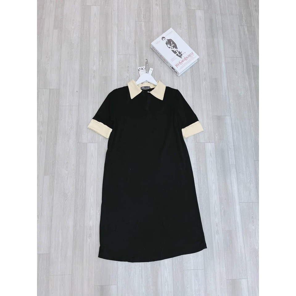 Váy polo nữ đầm suông dài maxi cổ bẻ đen phối be chất cotton mịn mát nhẹ trend 2022