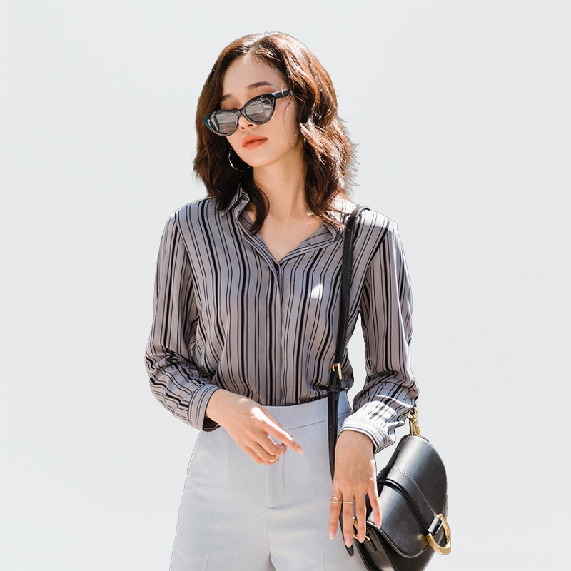 Áo Sơ Mi Nữ Công Sở Lụa Sọc Gray