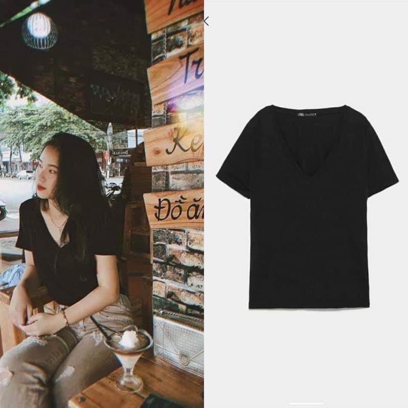Áo thun nữ phông trơn cổ tim ZR xuất dư chất cotton mềm mịn thoáng mát bảng màu basic
