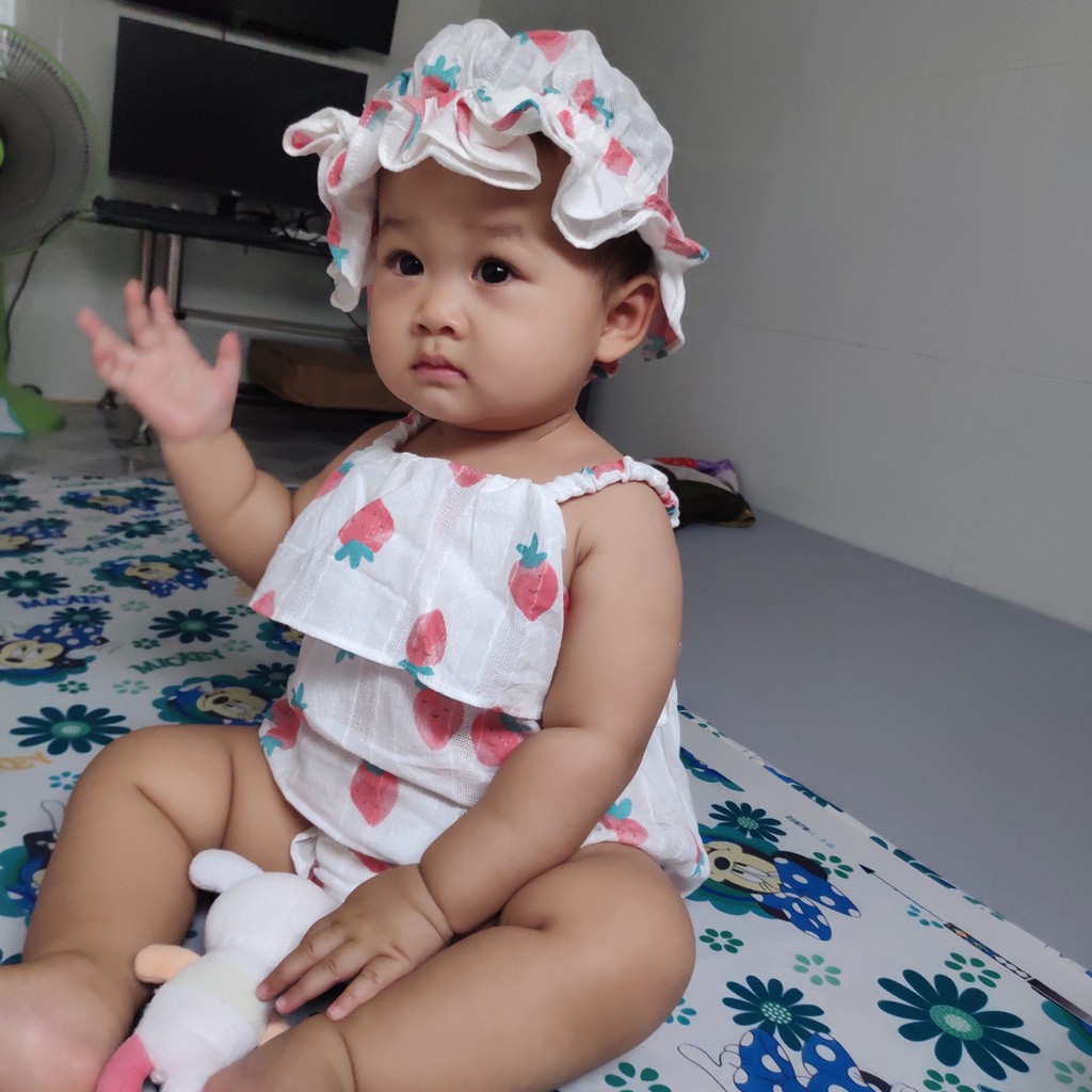 Bộ sơ sinh Body cho bé BabyGao hoạ tiết dâu kèm nón cho bé gái siêu iu (có ảnh thật )