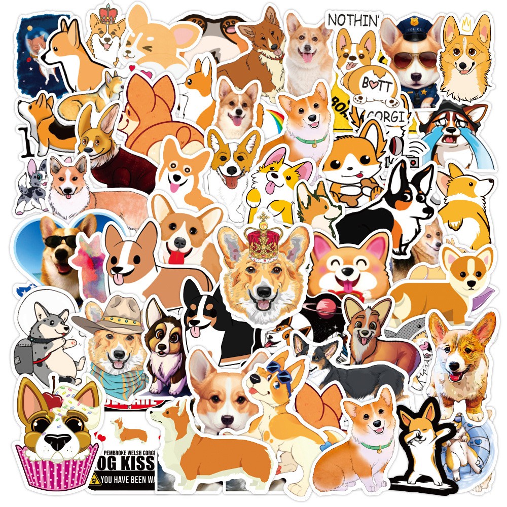 Set 100/ 50/ 25/ 10 miếng dán trang trí tủ lạnh/ điện thoại/ máy tính bảng hình chú chó corgi dễ thương