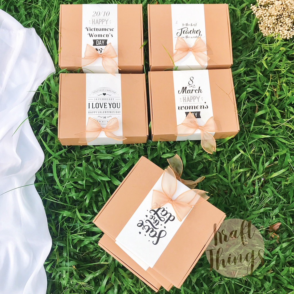 Hộp đựng quà kraft Happy Valentines Day - Hộp quà tặng 14/2, lễ tình nhân kèm rơm lót