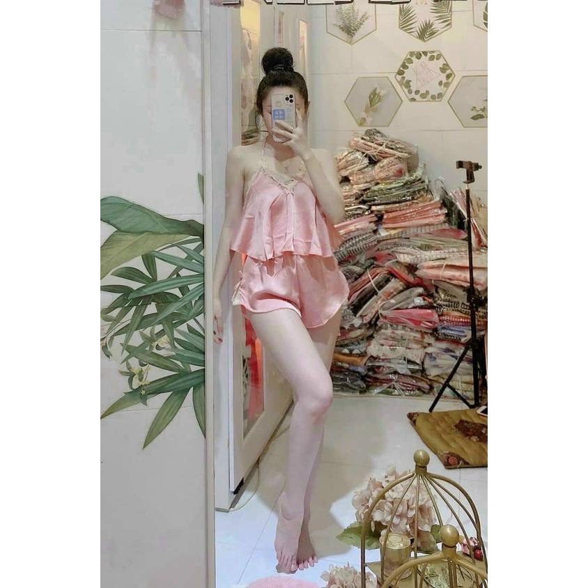 Set ngủ - set yếm sexy satin phối ren siêu hot