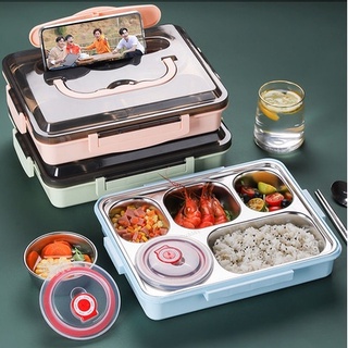 Khay Cơm, Cà Men Đựng Đồ Ăn 5 Ngăn Bằng Inox-  Kèm Muỗng Đũa (Khay Xịn Có Nắp Hộp Và Vỏ Bọc Nhựa Thêm Giữ Nhiệt)