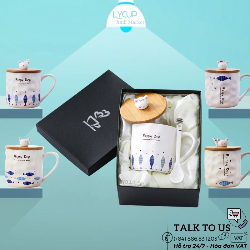 Cốc sứ HAPPY DAY cao cấp CÓ NẮP GỖ và THÌA dung tích 400ml, họa tiết MÈO CÁ, ly sứ quà tặng thông điệp dễ thương ý nghĩa