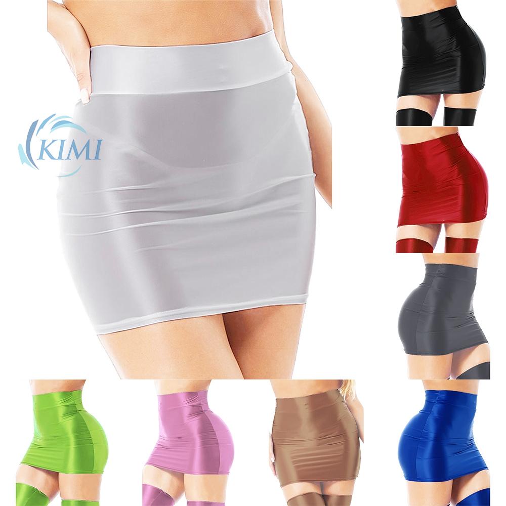 KIMI-Sexy Women\'s Oil Glossy Solid Pencil Bodycon Skirt High Waist Miniskirt Clubwear