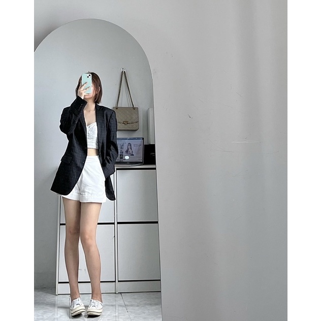 Áo blazer nữ hàn quốc có đệm vai vải cao cấp đen sọc caro