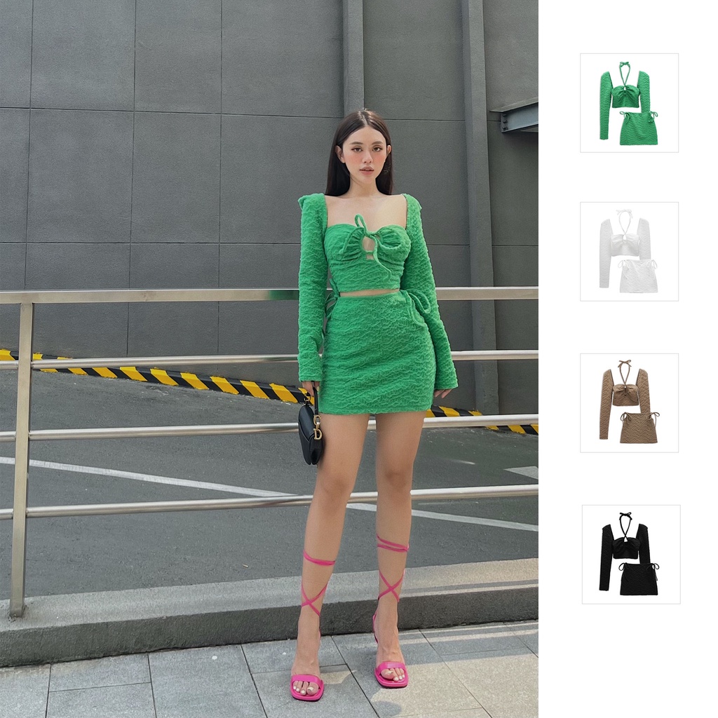 Set Nữ Chân Váy Bow Tie Side , Chất Thun Xốp Xoán Thoải Mái , WSD000183 , SOMEHOW