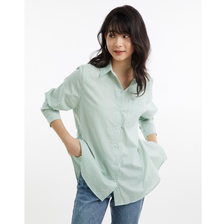 Thebluetshirt - áo sơ mi nữ phom rộng màu xanh lá nhạt - oversized pocket shirt - green tea checker