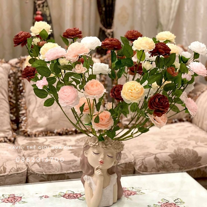 Combo 10 cành hoa giả - Hoa Hồng Lụa Lucas 65cm cành 2 bông 1 nụ decor nhà cửa, nội thất, cửa tiệm,...