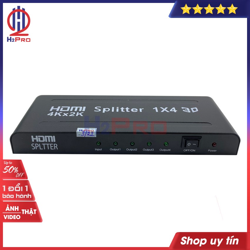 Bộ Chia HDMI Splitter 1 ra 4 H2pro cao cấp chuẩn 4K-3D-chất lượng cao chuẩn đầu vào, hàng hãng (tặng củ sạc 5V-2A 50k)