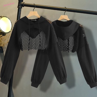 Women's fashion solid color mesh long sleeve bandage short splicing Hoodie