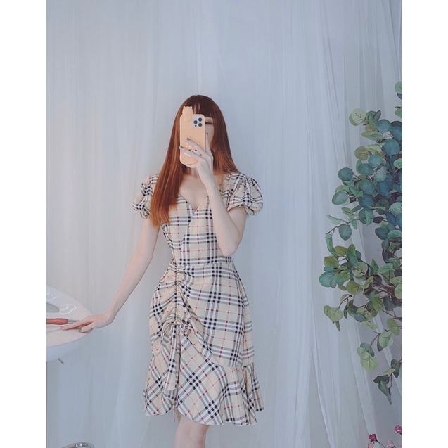 Đầm cổ tim tay phồng dây rút hông