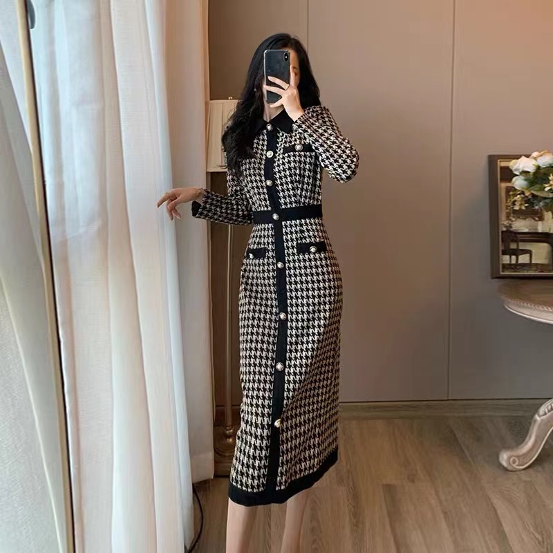 Đầm dệt kim dáng dài ôm eo kiểu retro Pháp thời trang thu đông dành cho nữ