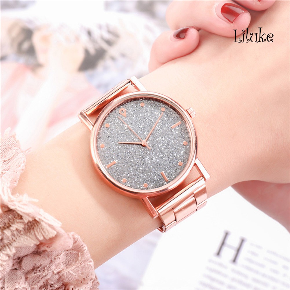 Đồng Hồ Đeo Tay Mặt Tròn Họa Tiết Sao Lấp Lánh Dây Thép Không Gỉ Thanh Lịch Cho Nữ