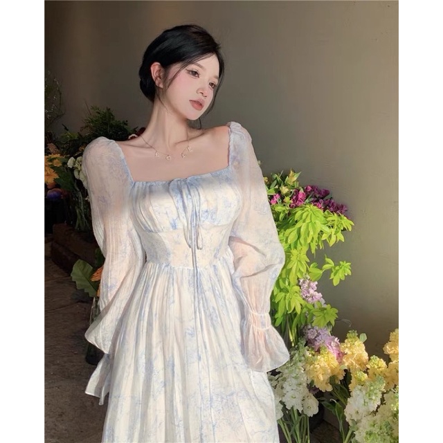 Đầm công chúa tay dài voan tơ xanh bo chun