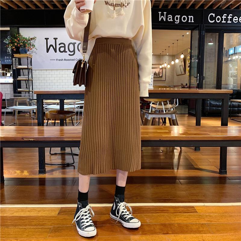 Chân váy chữ A dệt kim xếp ly thời trang thu đông phong cách Hàn Quốc mới