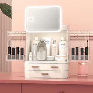 [Có sẵn] Hộp đựng mỹ phẩm tích hợp gương hỗ trợ trang điểm, skincare - Kệ mỹ phẩm ngăn kéo chống bụi để bàn có đèn LED