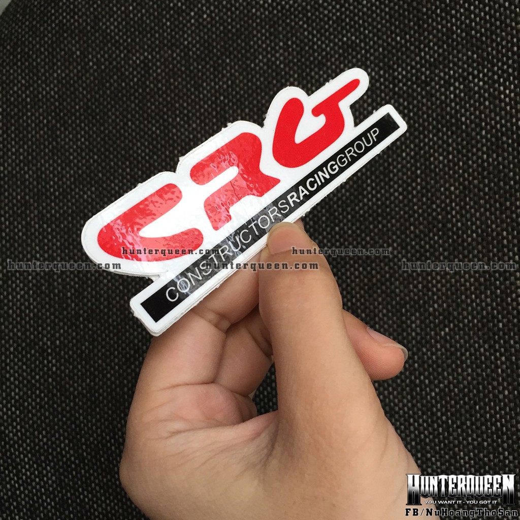 Logo CRG[10.7x3.3cm] nền trắng chữ đỏ. Hình dán decal siêu dính, chống nước, tem đua trang trí