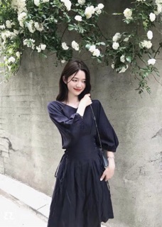 Đầm đen tay lỡ đan dây eo (kèm hình thật)