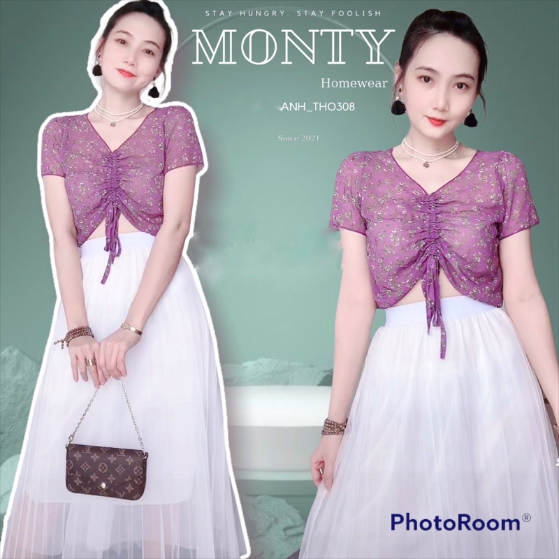 💥ẢNH THẬT💥 ÁO CROPTOP DÂY RÚT TÍM CHẤT VOAN HÀN QUỐC KHÔNG NHĂN ❤️