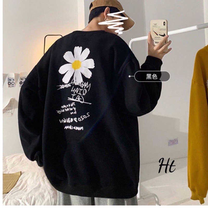 áo nỉ cổ tròn dài tay hoa cúc lưng chữ ký desinge