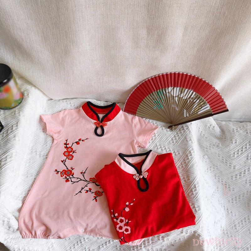 Bộ áo liền quần ngắn tay in hoa kiểu cổ điển cho bé gái sơ sinh