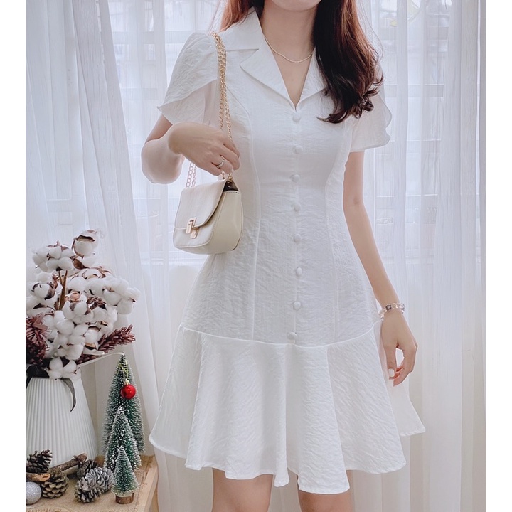 Đầm cổ vest nút bọc dáng đuôi cá 5 màu Đen Trắng Nâu Xanh Vàng