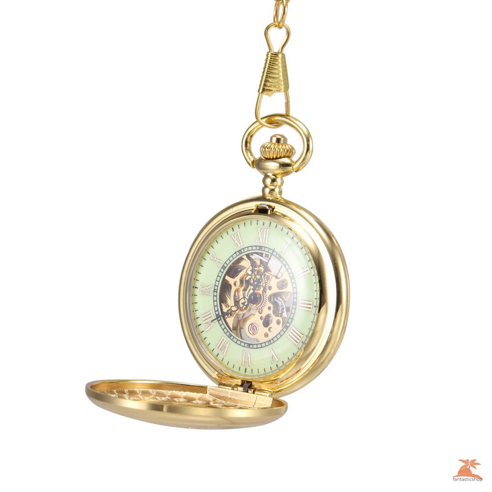 #Đồng hồ bỏ túi# Men Women Mechanical Pocket Watch Golden Hollow Carved Case with Chain