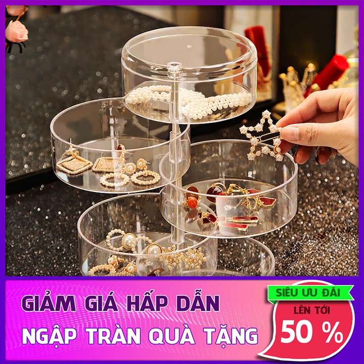 Hộp tròn 4 ngăn đựng trang sức xoay 360 độ trong suốt