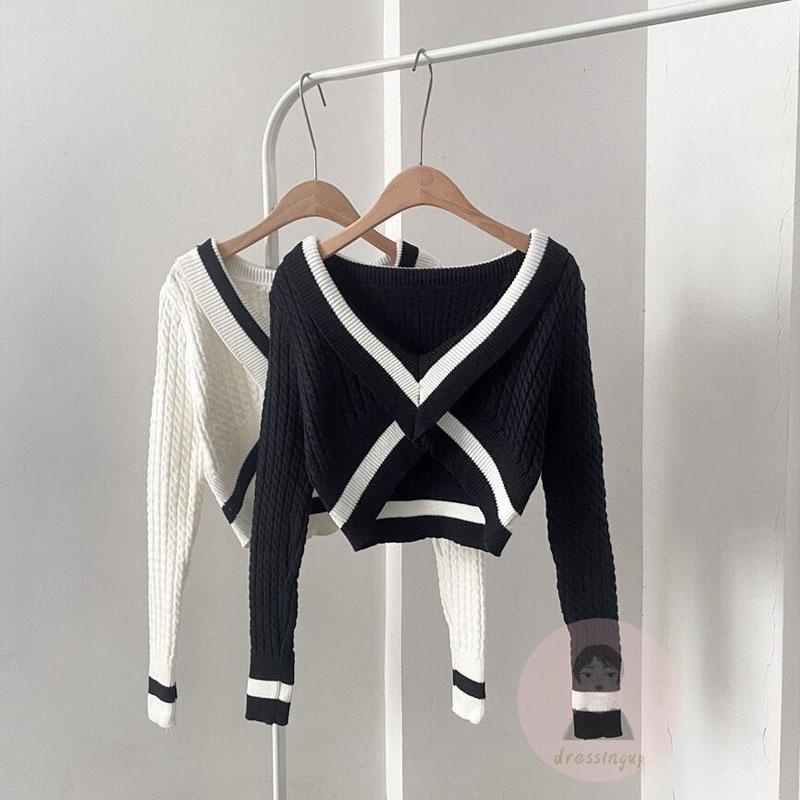 Áo Sweater Trễ Vai Tay Dài Họa Tiết Kẻ Sọc Phong Cách Pháp Thời Trang Mùa Thu Cho Nữ