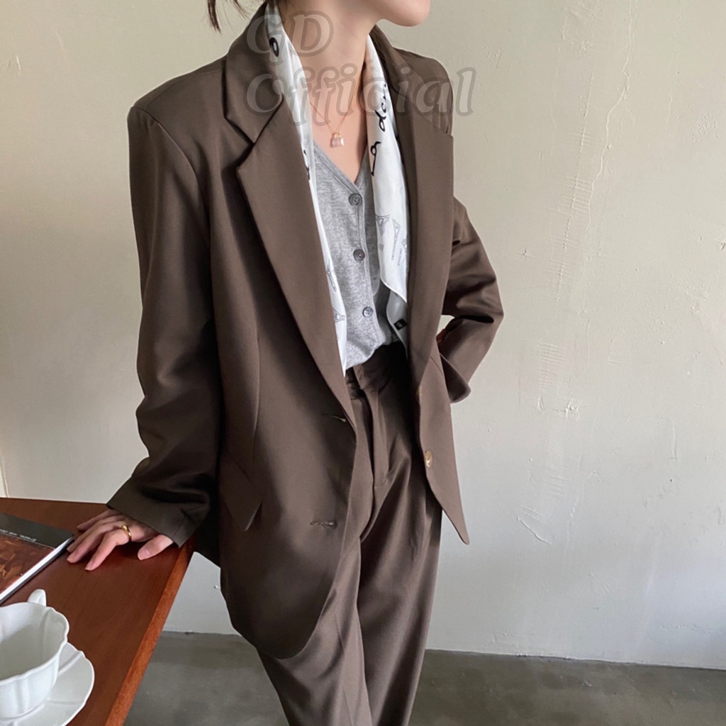 B27|Set bộ nữ áo khoác blazer trơn dài tay, quần tây lưng cao rộng suông gd_order