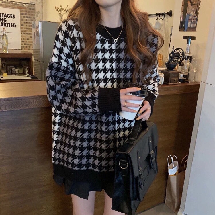 Áo sweater dệt kim dáng rộng họa tiết sọc caro thời trang Hàn Quốc