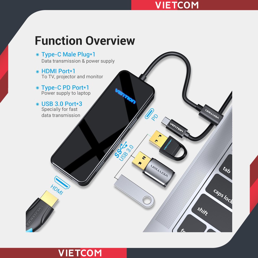 Hub Vention 5 trong 1 - Type-C To HDMI 2.0/ 3 * USB 3.0 Hỗ Trợ Sạc Cổng Type-C