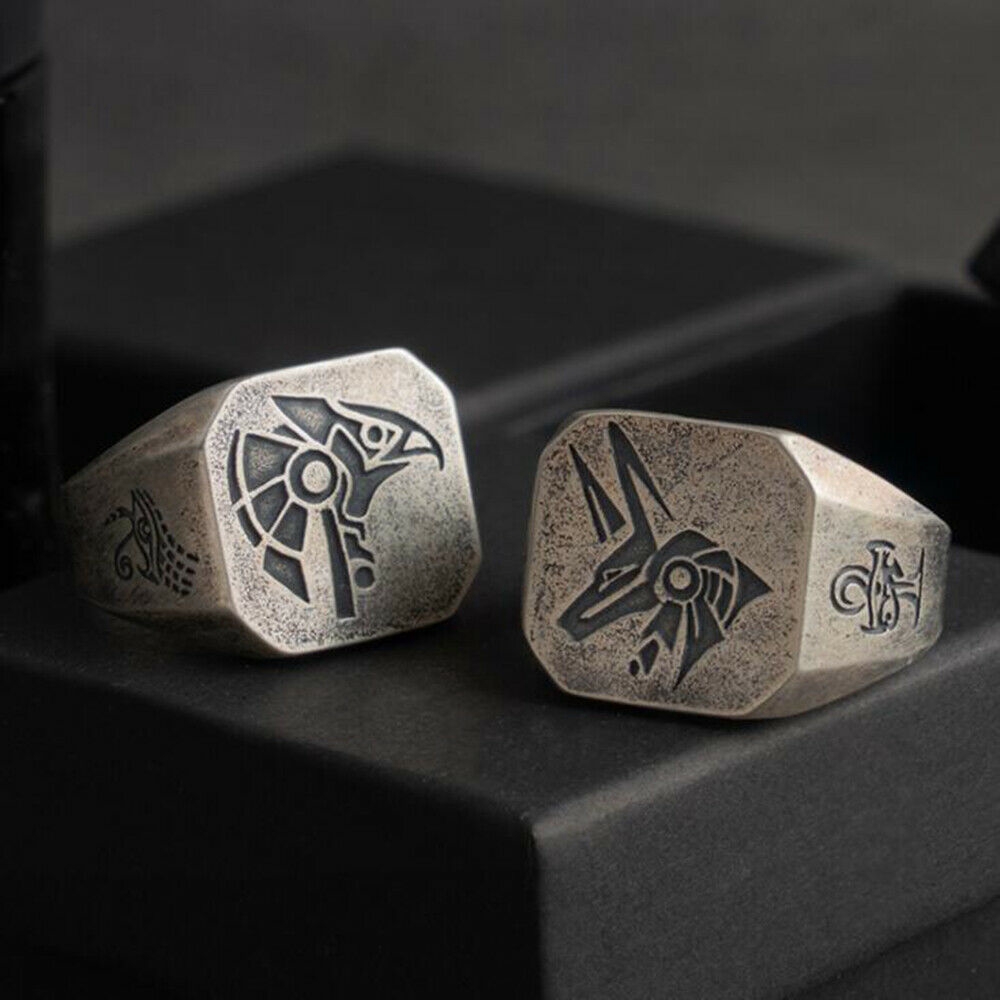 Nhẫn mặt vuông khắc họa tiết Horus & Anubis phong cách vintage thời trang dành cho nam
