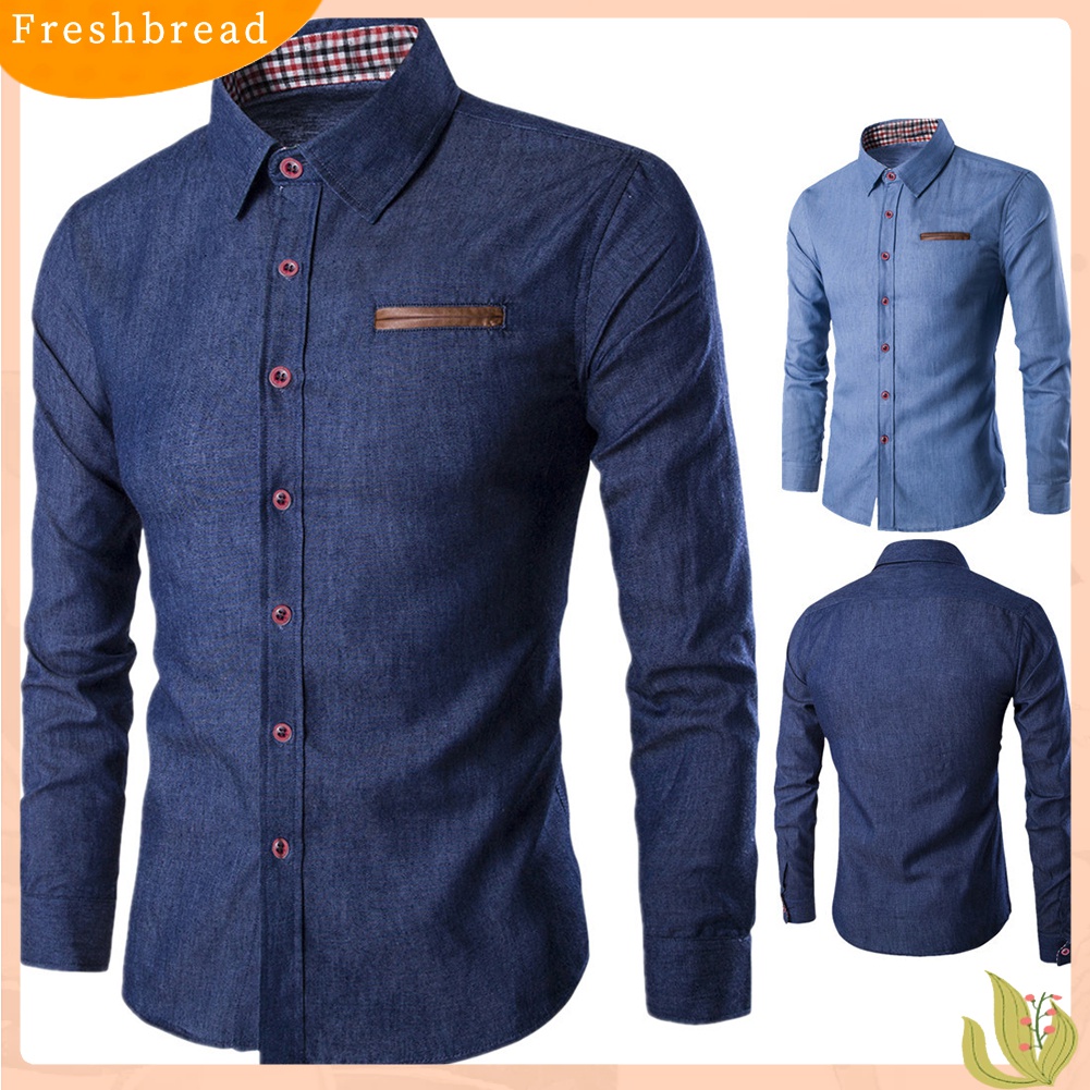 Áo Sơ Mi Denim Tay Dài Cổ Bẻ Dáng Ôm Cài Khuy Kẻ Sọc Ca Rô Cá Tính Cho Nam