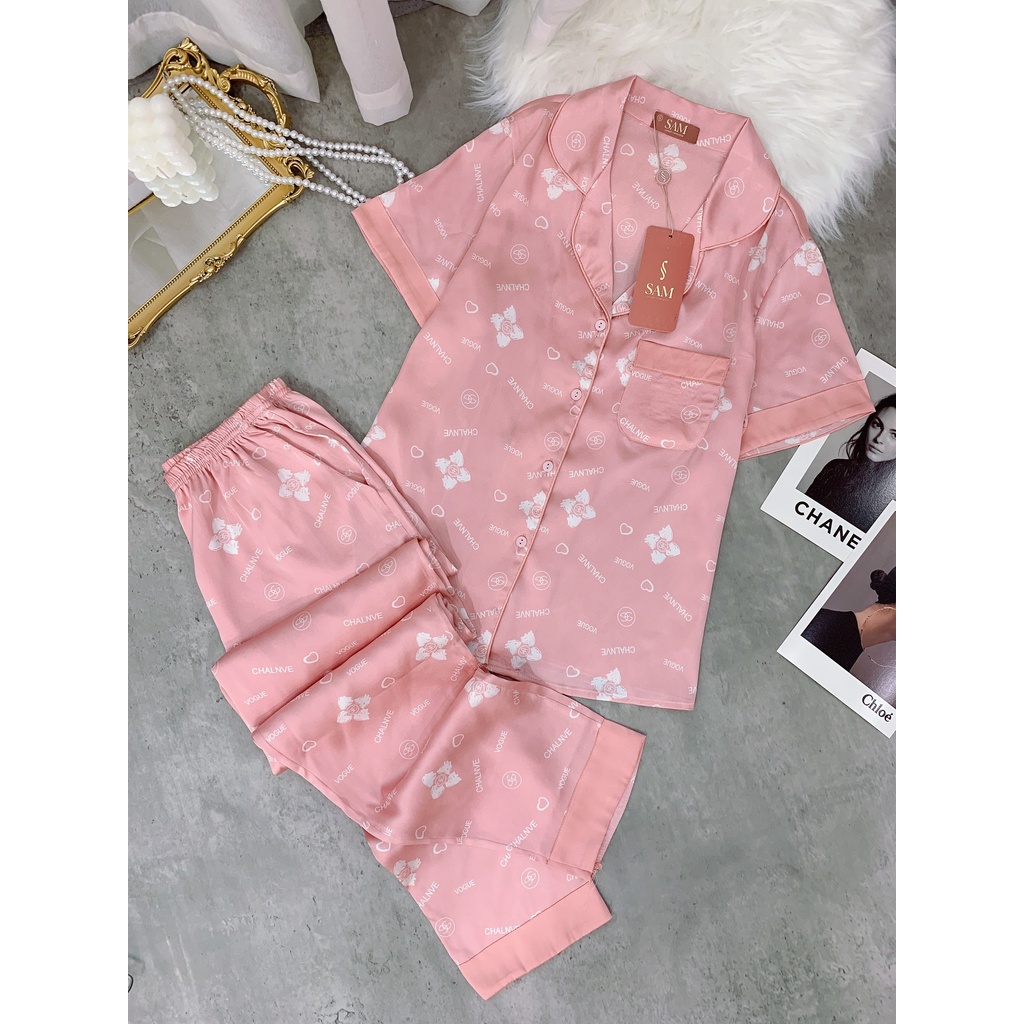 Bộ đồ pijama nữ hãng Sam, Set đồ lụa Satin cao cấp mặc ngủ ở nhà họa tiết hoa đơn giản phối chữ dáng dài trẻ trung