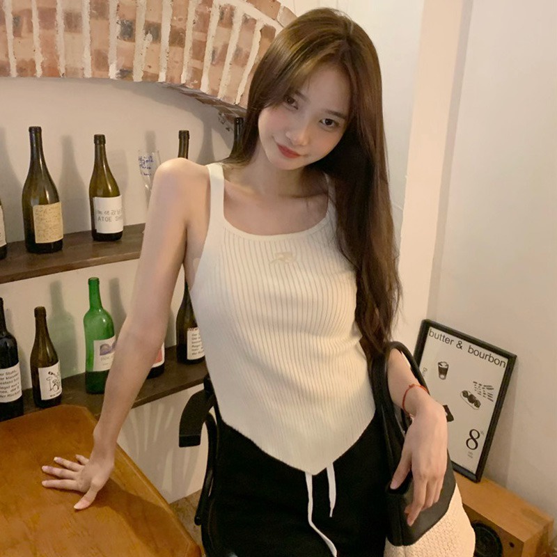 Áo Hai Dây Dệt Kim Màu Trơn Thêu Họa Tiết Thời Trang Hàn Quốc Cho Nữ