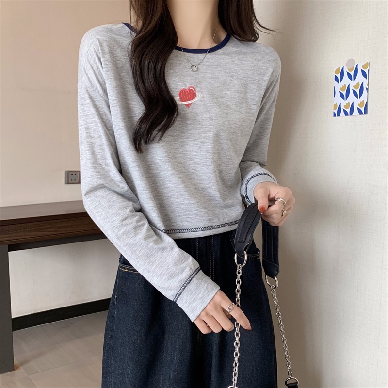 【ZHELIHANGFEI】Áo Thun Tay Dài Lưng Cao Họa Tiết Thêu Theo Phong Cách Preppy