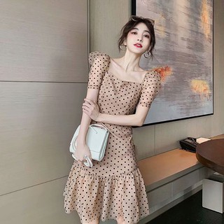 Đầm xòe trễ vai họa tiết chấm bi thanh lịch dành cho nữ