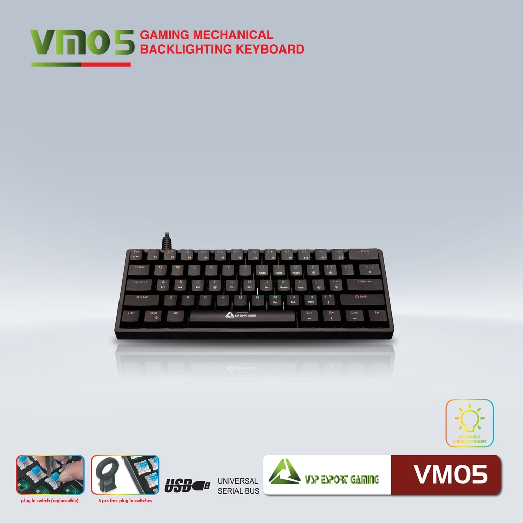 Bàn phím Cơ Gaming Mini VSP Esport VM05 - 9 chế độ Led, 61 Keys - Nhất Tín Computer