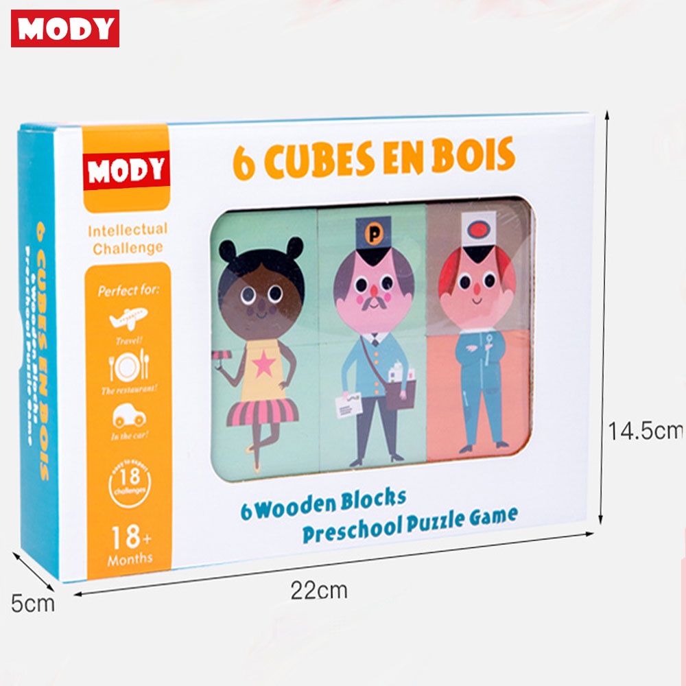 Đồ chơi khối gỗ lập phương xây dựng nhân vật sáu mặt phát triển khả năng quan sát cho bé MODY MCB81422