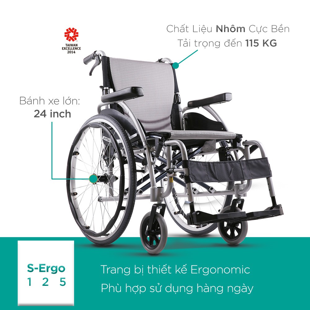 [Chính Hãng KARMA] Xe Lăn KARMA S-Ergo 125 Thiết Kế Ghế Ngồi Giảm Áp Chống Biến Chứng Viêm Loét (kèm quà tặng)