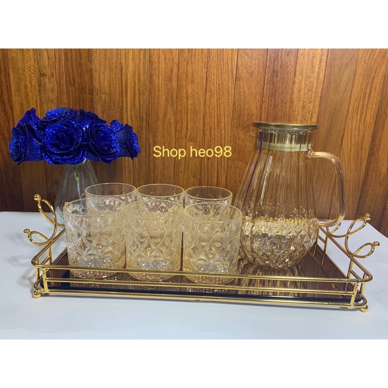 Set 6 Cốc Thủy Tinh Màu Hổ Phách 🌼 Bình Thuỷ Tinh họa tiết kim cương màu hổ phách