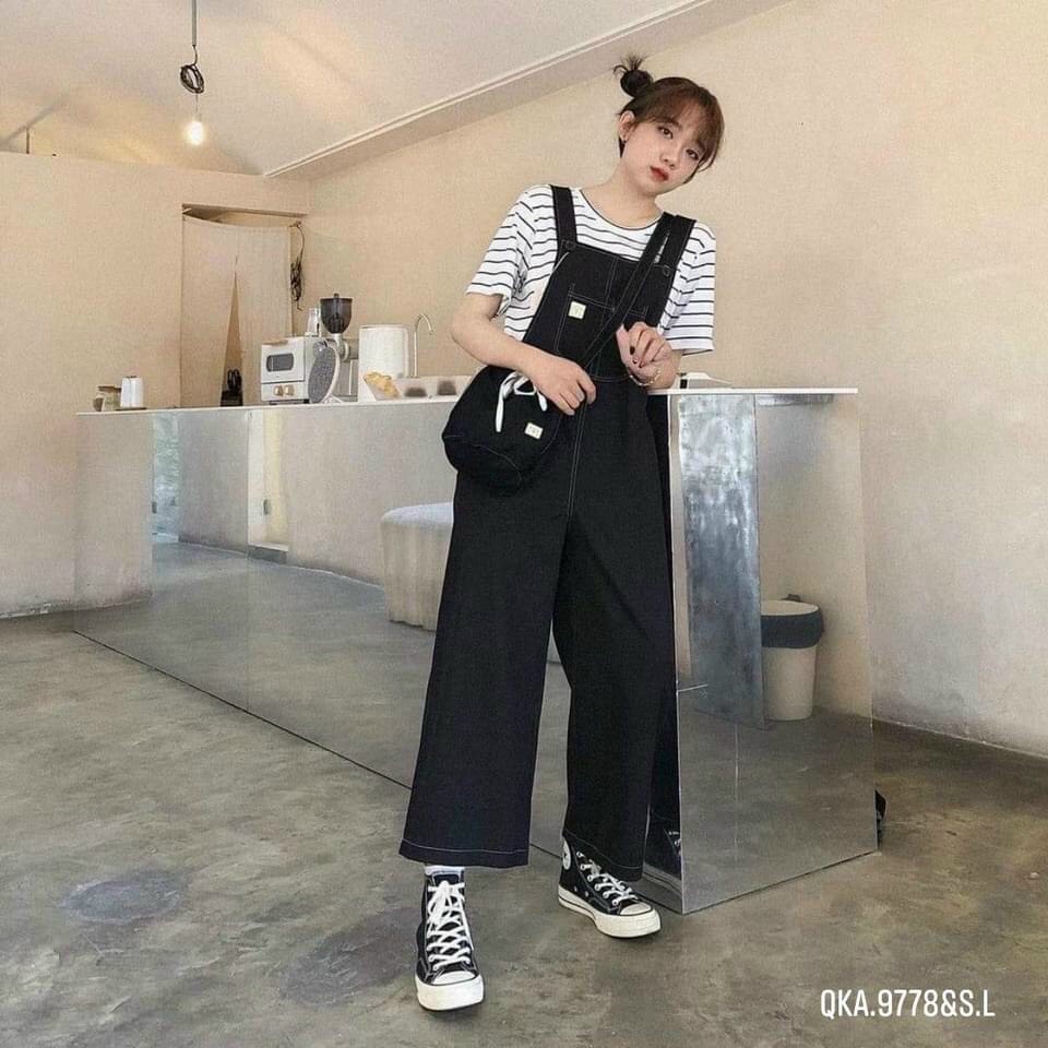 Quần Yếm Ống Rộng Chỉ Nổi  HD Clothings  Culottes suông trơn màu đen basic phối 2 dây đeo vai, phong cách đường phó