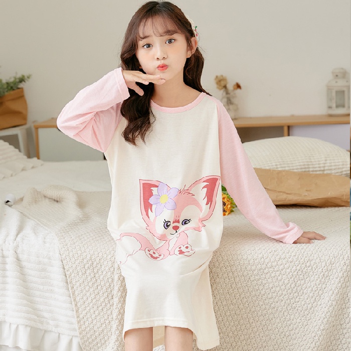 Đầm Ngủ Tay Dài Chất Cotton In Họa Tiết Hoạt Hình Dễ Thương Cho Bé Gái