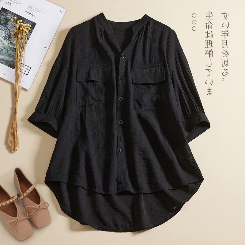 Ice cotton linen short-sleeved shirt thin pleated casual linen blouse cut label mall withdrawal